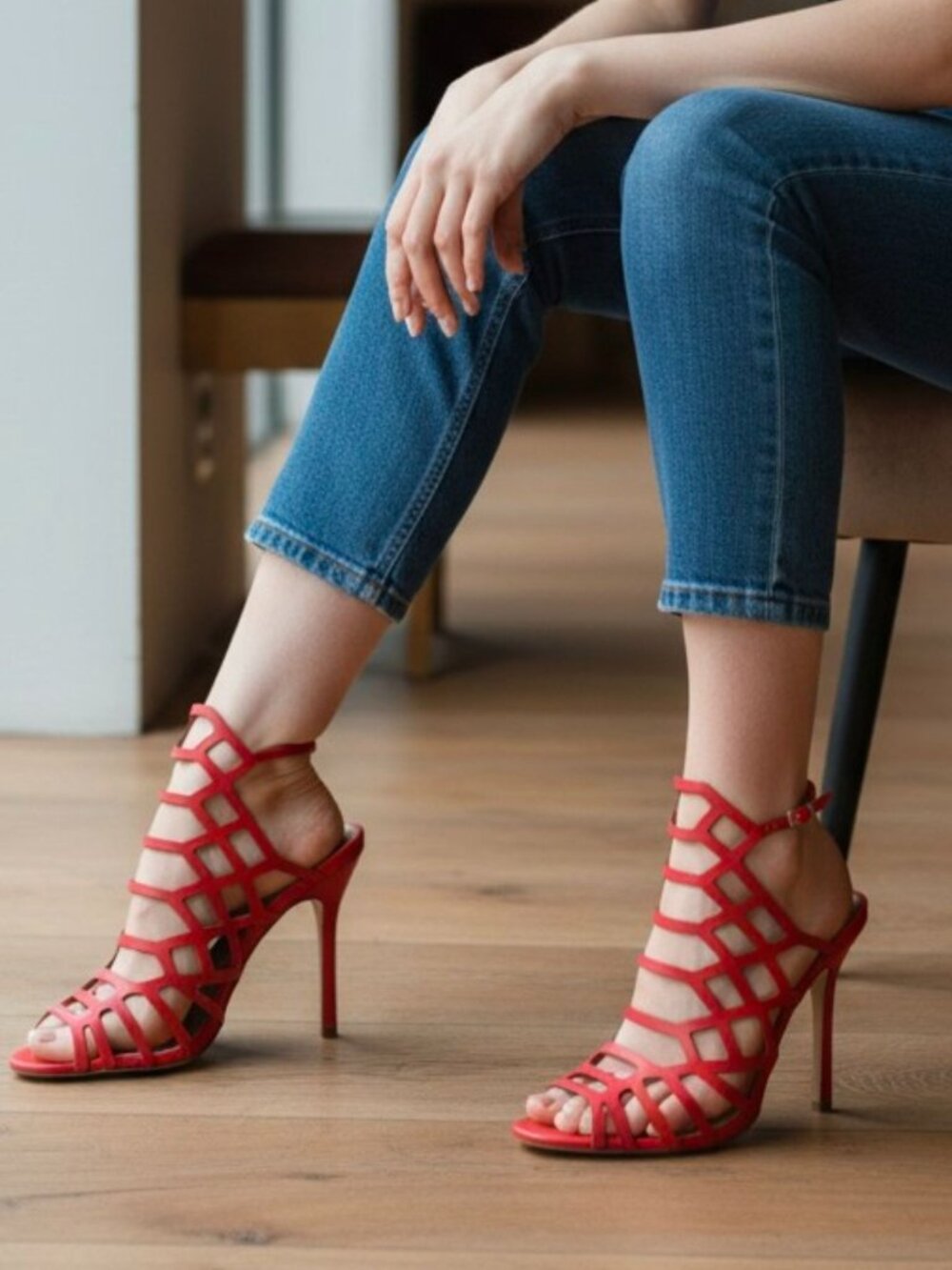 Red Strappy High Heeled Sandals With Cutout Design & Adjustable Buckle Chic Even